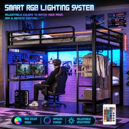 Bellemave Metal Queen Size Loft Bed with Desk and LED Lights,Heavy Duty Loft Bed Frame with Storage Shelves and Charging Station for Kids,Teens,Adults, Space Saving,Black - Image 3