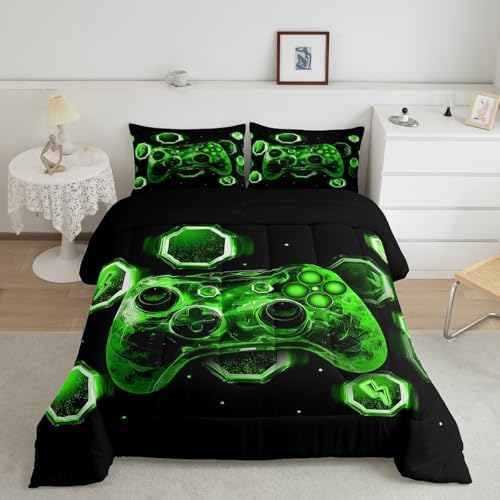 Feelyou Kids Green Gamer Bedding Set Full Size, Game Console Comforter Set Boys Girls Space Universe Gaming Comforter Gamepad Teens Duvet Set Bedroom Decor with 2 Pillow Case - Image 2