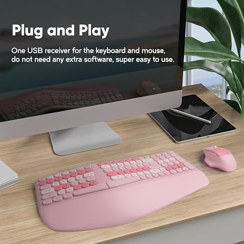 Wireless Ergonomic Keyboard and Mouse Combo with PU Wrist Rest, Carpal Tunnel Keyboard, 2.4G Colorful Split Ergo Keyboard, Comfortable Natural Typing, Compatible with PC/Laptop (Pink) - Image 4