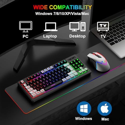 BlueFinger Wireless Gaming Keyboard and Mouse Combo, RGB Rainbow Backlit Rechargeable Battery, 87 Keys TKL Light Up Keyboard with Ergonomic Gaming Mouse for Mac Laptop Computer PC Gamer(White & Black) - Image 7