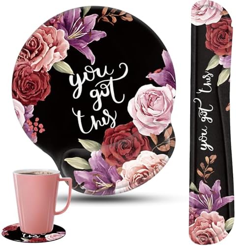 Keyboard Wrist Rest and Mouse Pad Wrist Support Set with Coasters,Ergonomic Gaming Mousepad for Home Office Working Studying Easy Typing & Pain Relief,You Got This Adorable Peony Flower by CICPLKSE