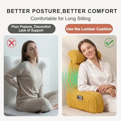 Reading Pillow for Sitting Up in Bed, Backrest Cushion with Arms, Corduroy Support Pillow with Side Pockets & Washable Cover, for Watching TV Sofa Couch Relax, Bright Yellow - Image 5