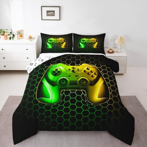Feelyou Gamer Comforter Set for Boys Teens Gaming Bedding Set Video Game Contoller Home Decor for Kids Honeycomb Comforter,Yellow Green Queen Size 3 Pieces 2 Pillowcases Boys - Image 4