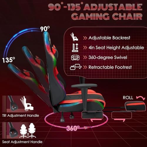 ECOTOUGE Gaming Chair, Video Game Chair with RGB LED Lights & Footrest | Ergonomic Computer Chair Height Adjustable with Massage Lumbar Support and Headrest for Adults and Kids, Black&Red - Image 6