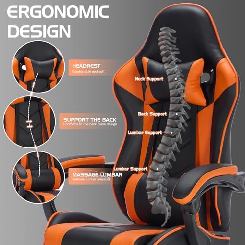 Gaming Desk Chair for Adults, Ergonomic Gaming Chair (Black+Orange) | with Footrest & Headrest and Lumbar Support, Leather Material Height Adjustable computer Video Game Chairs - Image 4