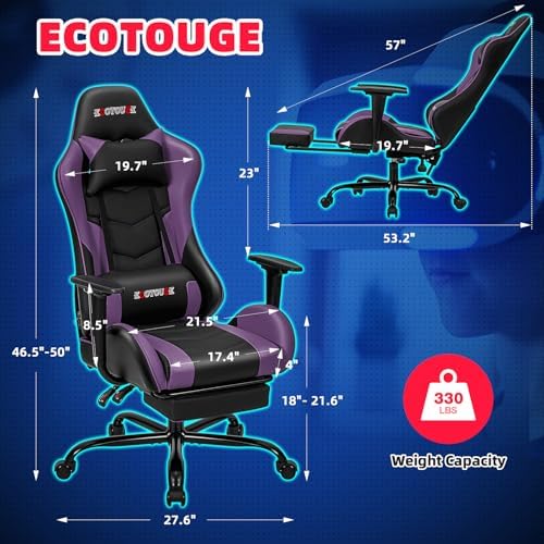 ECOTOUGE Violet Ergonomic PC Massage Gaming Chair with Footrest | Reclining Racing PU Leather, Swivel Rocker, Headrest, Lumbar Pillow, Office Desk Chair, Adjustable Height, Sturdy Base - Image 3