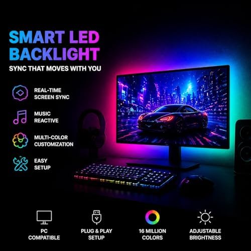 RGB Monitor Backlight with Screen Sync, Dual USB Powered Ambient Lighting Kit for 27 Inch Gaming Monitors, Music Mode, Immersive Dynamic LED Strip Lights for PC Setup (4 Sides - 27 inch) - Image 5