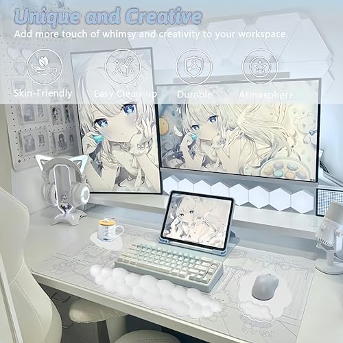 Cloud Wrist Rest Keyboard Cute Cloud Mouse Pad with Wrist Rest for Keyboard and Mouse Leather Cloud Wrist Pad Non-Slip Wrist Support for Computer Gaming Home Office Desk Decor Relief Pain White - Image 2
