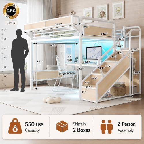 Bellemave Queen Loft Bed with Desk & Pegboard, Metal Loft Bed Frame with Storage Stairs, Wardrobe & Beside Shelf, Heavy Duty Loft Bed Queen Size with Charging Station & LED Lights, White & Natural - Image 2