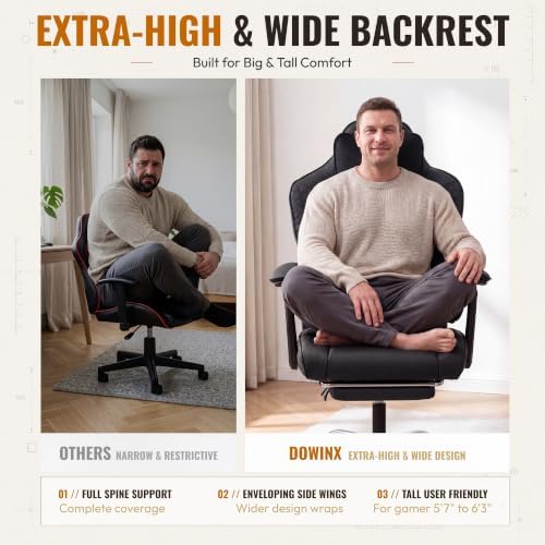 Dowinx Big and Tall Gaming Chair with Footrest for Home Office 500LBS Black | High Back Leather Office Chair, Extra-Wide & Thick-Padded Seat Cushion with Ergonomic Lumbar Support and Soft Linkage Armrest - Image 4