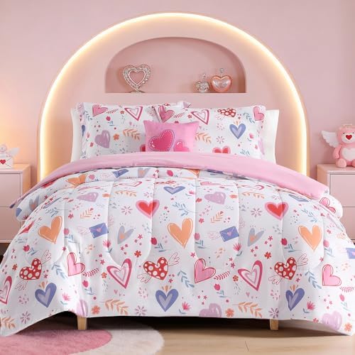 Twin Comforter Set for Girls - 3 Pieces Pink Hearts Twin Bedding Sets by KaleidoSpaceHomeCollection