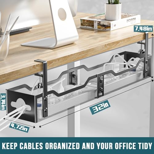 Under Desk Cable Management Tray 32'', Cable Management Under Desk No Drill, Cable Organizer with Clamp for Wire Management, Cord Organizer for Office, Home - No Damage to Table (Black) - Image 2