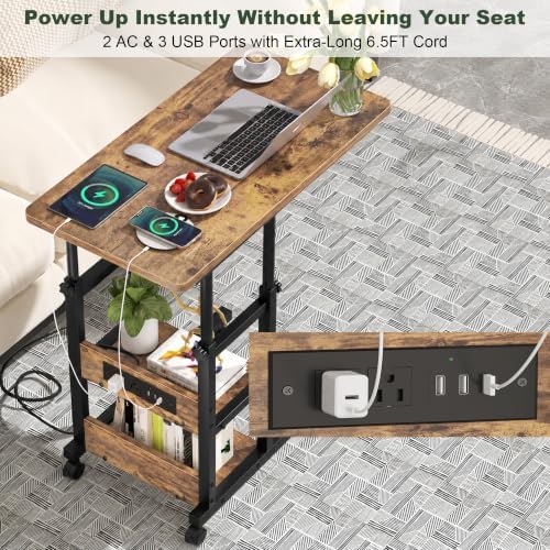 Rolling C Shaped End Table with Charging Station for Couch, Height Adjust - Image 6