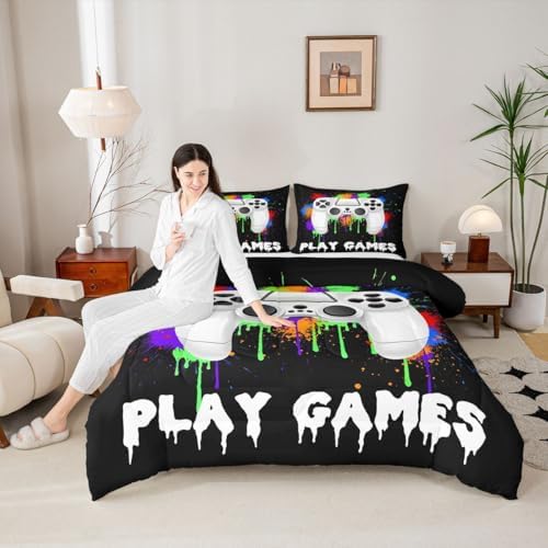 Feelyou Kids Boys Graffiti Gamer Bedding Set King Size, Black Gaming Comforter Set Game Comforter for Game Room Decor Duvet Set Durable Bed Set 3Pcs Room Decor Quilt Set Bedding Collection - Image 5