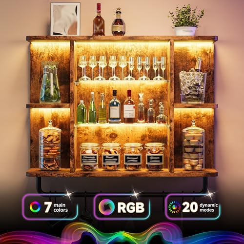 REIBII Floating Shelves with LED Lights, 7-Tier Wood Shelf, Wall Mounted Display Shelves with 8 S-Hooks, Wall Shelf for Kitchen, Bedroom, Bathroom, Office, Plants, Rustic Brown - Image 3