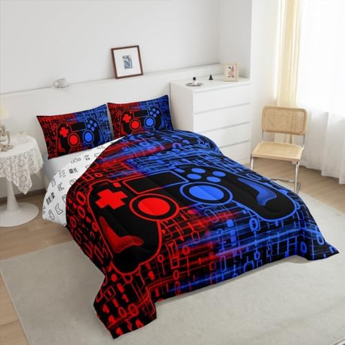 Feelyou Red and Blue Gamer Comforter Set Toddler Size, Gamer Bedding Set for Kids Game Comforter Gaming Duvet Set Game Room Decor 2Pcs - Image 4