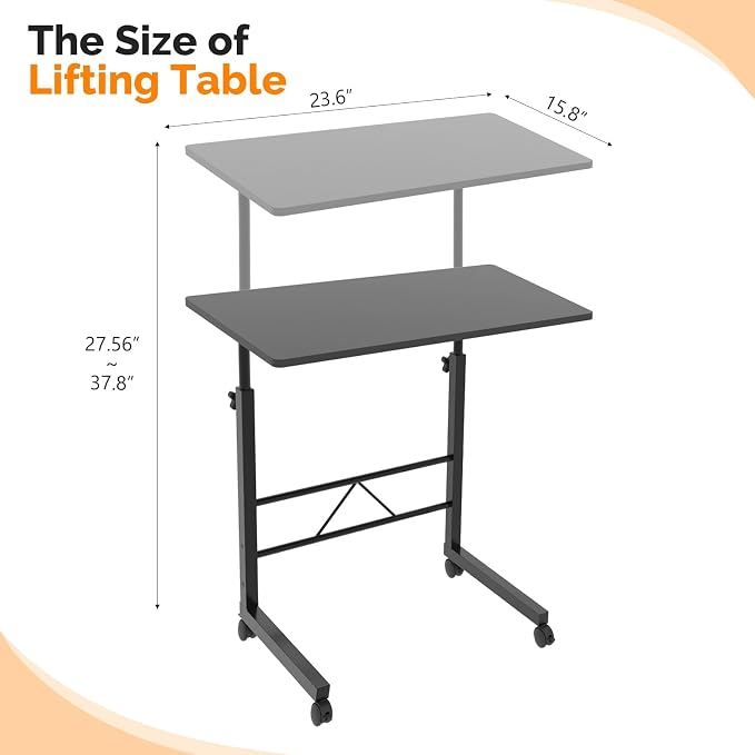 FCH Computer Workstation, Standing Desk Adjustable Height, Small Computer Desk w/Rolling, Sit Stand Laptop Desk TV Tray Computer Workstation for Bed Sofa Hospital Reading Eating, 23.6", Black - Image 2