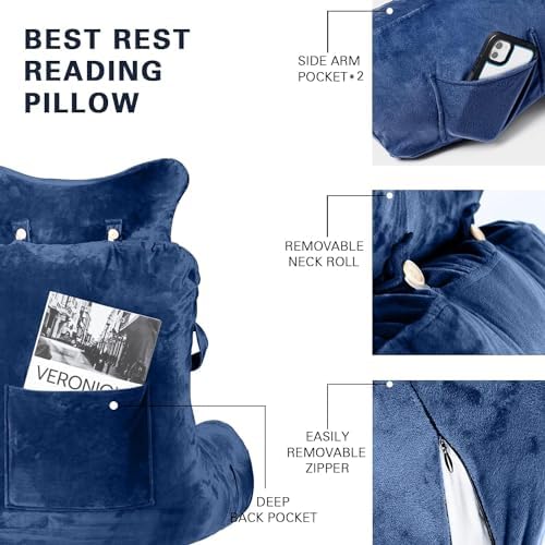 SLIGUY Reading Pillow-Extra Large 31" Bed Rest Pillow with Detachable Neck Roll & Arms for Sitting in Bed or Couch-Adult Backrest Reading Pillow for Reading/Watching TV/Gaming/Relaxing-Dark Blue - Image 6
