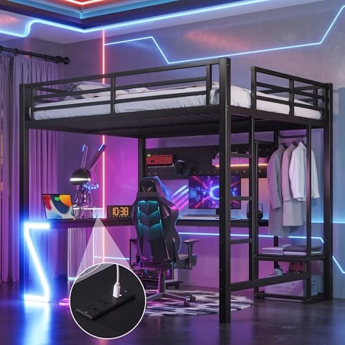Bellemave Queen Size Metal Loft Bed with L-Shaped Desk, Z-Shaped LED Lights & Charging Station, Heavy Duty Loft Bed Frame with Hanging Rod for Kids, Teens & Adults, Space Saving,Black - Image 4
