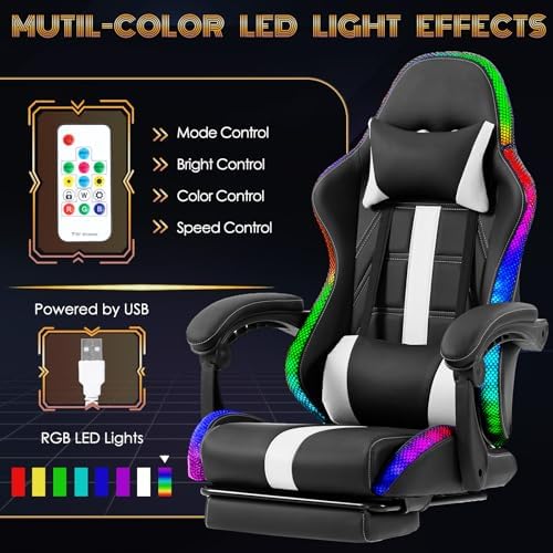 ECOTOUGE Gaming Chair, Massage Computer Chair with Footrest, RGB White | Premium PU Leather; Ergonomic Massage Lumbar; 90-135° Recline; Height Adjustable; Retractable Footrest; 330Lbs Steel Frame - Image 4