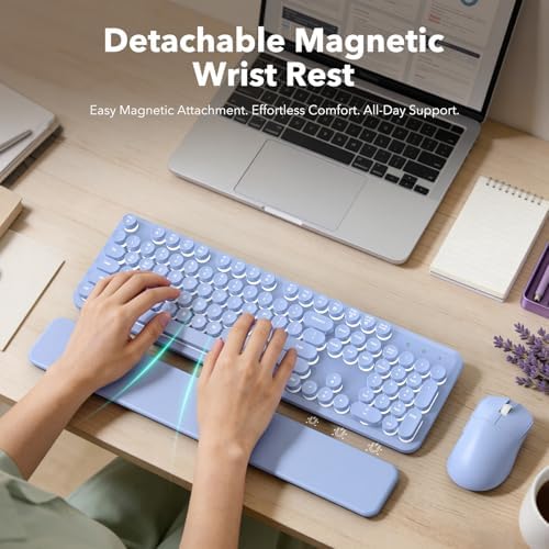 Wireless Keyboard and Mouse Combo, Backlit Round Keycaps, Retro Typewriter Keyboard with Detachable Wrist Rest, Rechargeable & Tilt Legs, 2.4GHz Cordless Connection for Windows/PC (Glowing Purple) - Image 3
