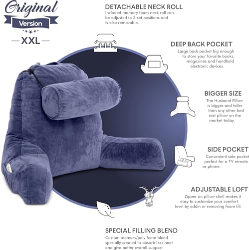 Husband Pillow XXL The Original for Adults - 30" Tall Backrest for Sitting Up in Bed - Firm Support Reading & Bed Rest Pillows for Adults, Neck Roll, Removable Cover - TV - Dark Blue - Image 5
