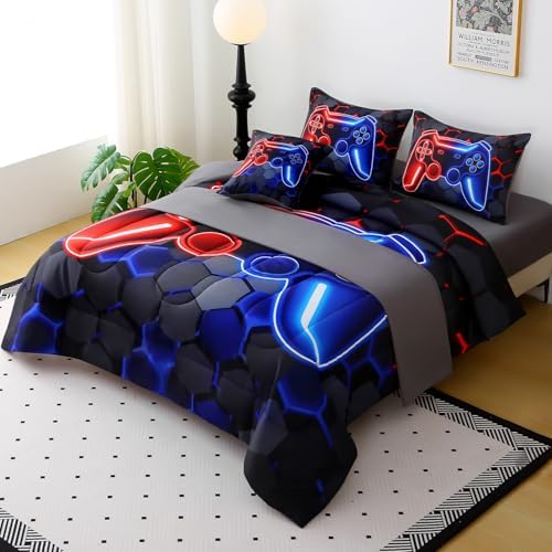 JQinHome Twin Gaming Bedding Set 6-Piece Comforter for Kids Teens - 3D Video Game Console Print Bed in a Bag with Ultra-Soft Fluffy Sheets, Red-Blue Unisex Design (Twin) - Image 3