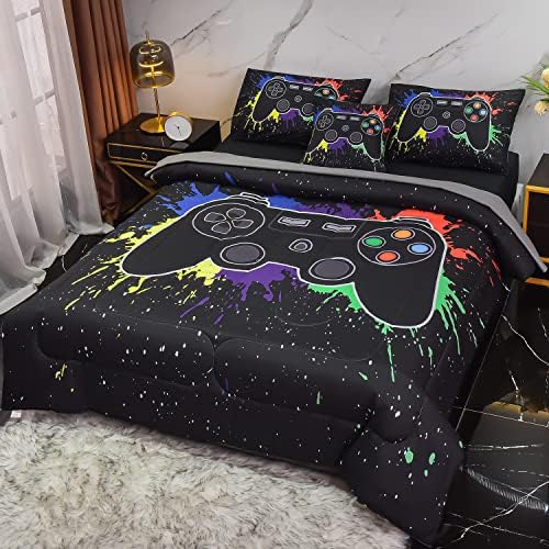 6Pcs Gamer Comforter Set with Sheets for Boys Girls Kids Teens, Colorful Graffiti Gaming Themed Bed in A Bag Twin Size, Black 3D Video Game Controller Bedroom Decor Bedding Set by Keyroal