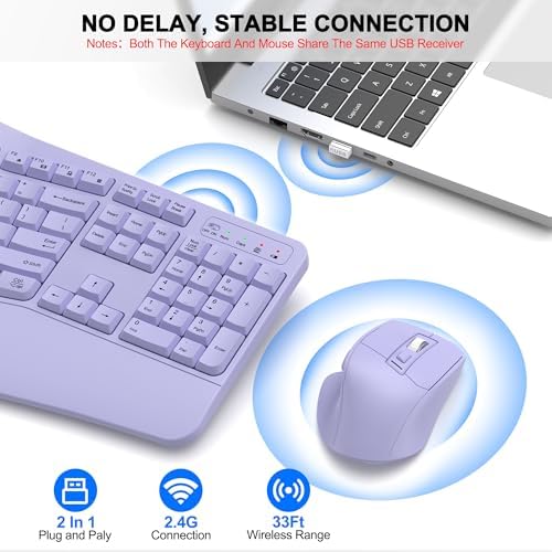 Wireless Keyboard and Mouse Combo, 2.4G Ergonomic Wave Keys(Purple) - Image 5