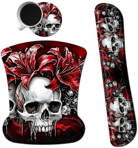 Ergonomic Mouse Pad with Wrist Support Gel Mousepads and Upgrade Keyboard Wrist Rest Pad Set, Coasters Non-Slip PU Base Mouse Mat for Office Gaming Computer Laptop Home, Red Flower Skull by Dikoer