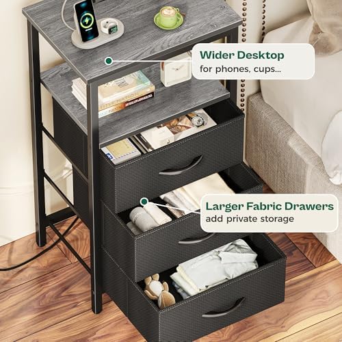Huuger Night Stand with Charger Station and LED Lights, 3 Drawer Nightstand - Image 7