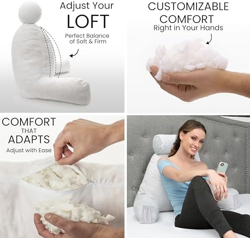 Husband Pillow Medium Reading Pillow with Arms - 23" Backrest for Sitting Up in Bed - Firm Support Bed Rest Pillow for Adults, Neck Roll, Removable Cover - TV, Reading, Lounging - Light Grey - Image 2