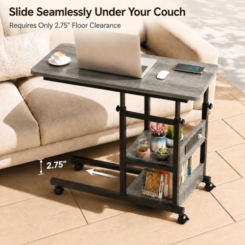 Rolling C Shaped End Table with Charging Station for Couch, Height Adjust - Image 4