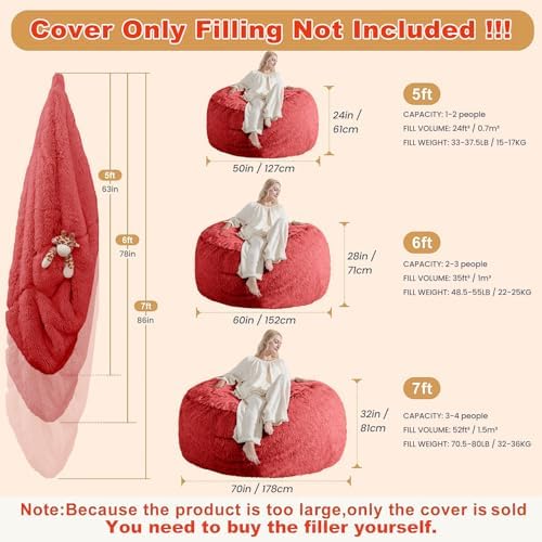 Bean Bag Cover (No Filler) - Faux Fur Beanbag Chairs Covers Only, Stuffed Animal Storage Bean Bag for Adults, Large Washable Beanbag Cover Without Filling, 5FT, Red - Image 2