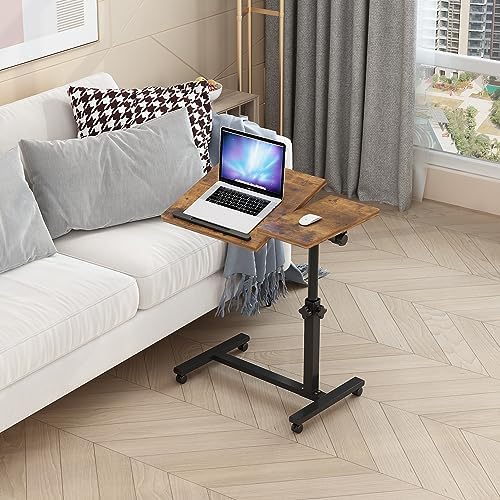 TigerDad Overbed Bedside Desk Mobile Rolling Laptop Stand Tilting Overbed Table with Wheels Height Adjustable Tray Table for Laptop Bed Sofa Side Table (Rustic Brown) by TigerDad
