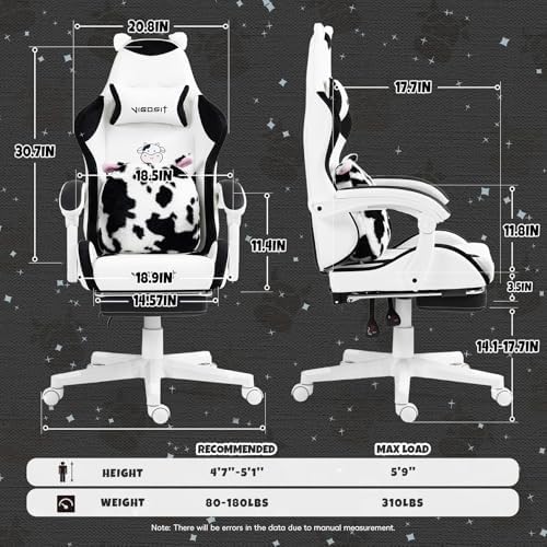 Vigosit Cute Gaming Chair with Footrest - Ergonomic Computer Chair Cow Print Design, High Back PU Leather Office Chairs with Lumbar Support for Adults - Image 2