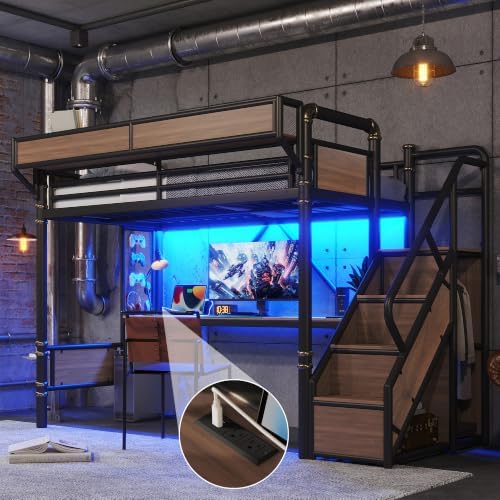 KEIKI Twin Size Metal Loft Bed Frame with Storage Staircase, Desk, Black - Image 3