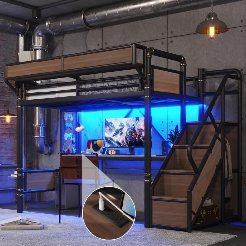 KEIKI Twin XL Size Metal Loft Bed Frame with Storage Staircase, Desk, Black - Image 3