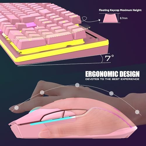 RedThunder K10 Wireless Gaming Keyboard and Mouse Combo, LED Backlit Rechargeable 3800mAh Battery, Mechanical Feel Anti-ghosting Keyboard + 7D 3200DPI Mice for PC Gamer (Pink) - Image 5