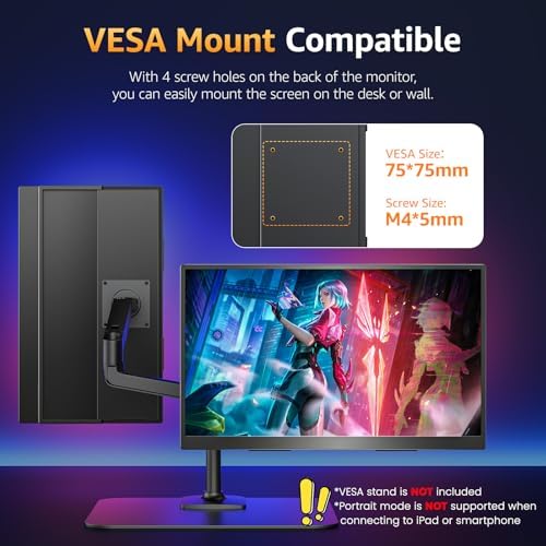 Upperizon Portable Monitor 18.5 inch FHD 125% sRGB 100Hz IPS HDR HDMI USB-C Travel Monitor for Laptop MacBook PC Surface PS5 Xbox, Large External Display with Kickstand & Speakers, VESA Compatible - Image 6