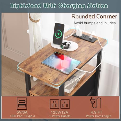 sthmec End Table with Charging Station,LED Side Tables with USB Ports and Outlets,Skinny Bedside Table with 3 Drawers,Small Nightstands for Small Space,Slim Sofa Table for Livingroom,Rustic Brown - Image 4
