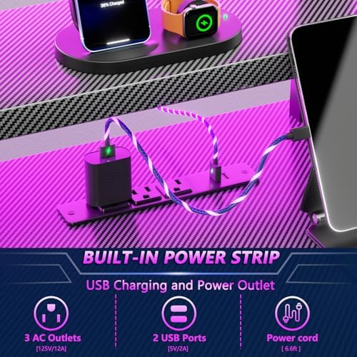 Korfile 40 Inch Gaming Desk with Power Outlet & LED Lights, L Shaped Computer Gaming Table with 3 Tiers Storage Shelves, Corner Gamer Desk with Monitor Stand for Small Space, Carbon Fiber Black - Image 5