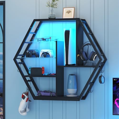 kepptory 39" Wide LED Gaming Floating Shelves, 5 Tier Wall Mounted Shelves with 2 Removable Glass Shelves, Coffee Bar Rack with 8 Hooks, Display Rack for Wall Storage for Gaming Room, Black by kepptory