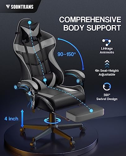 Soontrans Grey Gaming Chairs with Footrest,Ergonomic Computer Game Chair, Gamer Chair with Lumbar Pillow and Adjustable Headrest (Galaxy Grey) - Image 5