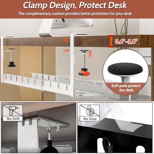 Shikha Cable Management Under Desk, 15.7"-31" Retractable Cable Management Tray, No Drilling Cord Organizer with Clamp for Desk, Under Table Wire Management Tray for Home Office -White - Image 5