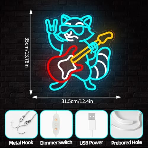 Raccoon Playing Guitar Neon Sign Dimmable Rock & Roll Raccoon Neon Lights Live Music Led Sign USB Guitar Led Light Raccoons Neon Wall Decor for Bedroom Bar - Image 5