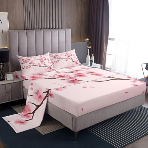 Cherry Blossoms Bed Sheets Girl Pink Floral Sheet Set King 4 Pcs Japanese Spring Bed Sheets Set + Blossom Petal Branch Floral Flat Sheet + Decor 2 Pillow Cases For Women,Girly Romantic Style by Erosebridal