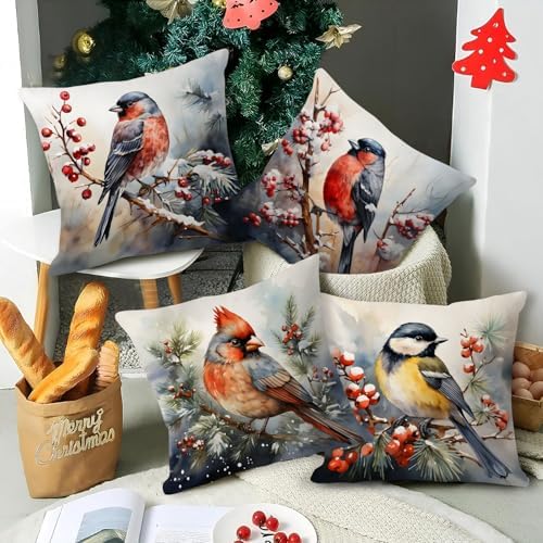 Christmas Birds Throw Pillow Covers Set of 4 Farmhouse Winter Nature Landscape Decorative Cushion Covers Vintage Snow Tree Red Cardinal Pillow Covers for Family Bed Sofa Couch Outdoor Home Decor 20x20 - Image 6
