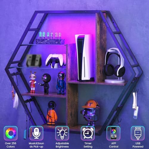 Saudism Gaming Floating Shelf with RGB LED Lights, Hexagon Wall Mounted - Image 4