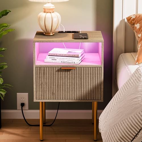 JOONEE Modern Nightstand with Charging Station and LED Lights, White Bedside Table with Drawer, Fluted Side Table for Living Room, Bedroom by JOONEE